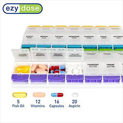 EZY DOSE Weekly (7-Day) Pill Organizer, Vitamin and Medicine Box, 2X-Large Push Button Compartments, 4 Times a Day, Clear Lids