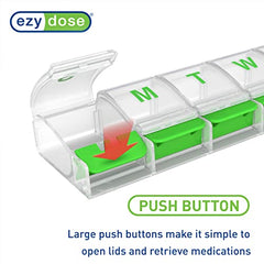 EZY DOSE Weekly (7-day) Push Button Pill Organizer and Planner, Arthritis Friendly, X-Large, Clear Lids, Green