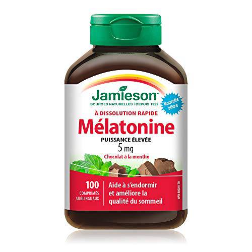 Jamieson Melatonin 5 mg Extra Strength - Chocolate Mint Flavour Fast Dissolving Tablets, 100 Count (Pack of 1)