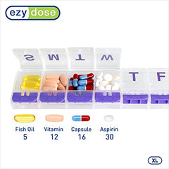 EZY DOSE Weekly (7-day) Push Button Pill Organizer and Planner, Arthritis Friendly, X-Large, Clear Lids, Purple