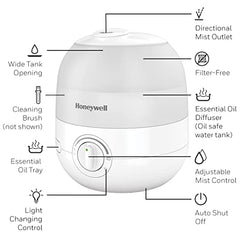 Honeywell HUL530C Ultra Glow™ Ultrasonic Light Changing Top Fill Cool Mist Humidifier,Diffuser For Bedroom,Baby Nursery,Small Room,Plant,Ultra Quiet,Essential Oil,Filterless, 1.89 L, Runs 24 hrs,White