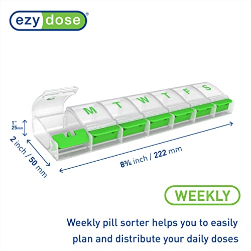 EZY DOSE Weekly (7-day) Push Button Pill Organizer and Planner, Arthritis Friendly, X-Large, Clear Lids, Green