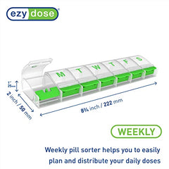 EZY DOSE Weekly (7-day) Push Button Pill Organizer and Planner, Arthritis Friendly, X-Large, Clear Lids, Green