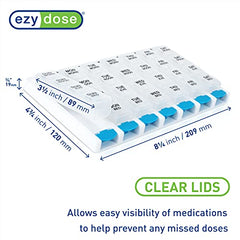 EZY DOSE Weekly (7 Day) 4 Times a Day Push Button Pill Organizer and Vitamin Planner, Removable Daily Pillboxes, Blue, Clear Lids, Large