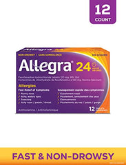 Allegra 24 Hour Allergy Medication, 120 mg, 12 Count Tablets, Non-Drowsy, Fast & Effective Multi-Symptom Relief from Seasonal Allergies, Relieves Runny Nose, Sneezing, Watery Eyes, Itchy Throat