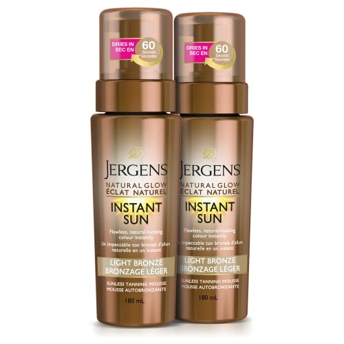 Jergens Natural Glow, Instant Sun, Sunless Tanning Mousse, Light Bronze, Self Tanner for Flawless, Natural Looking Colour (2 Pack)