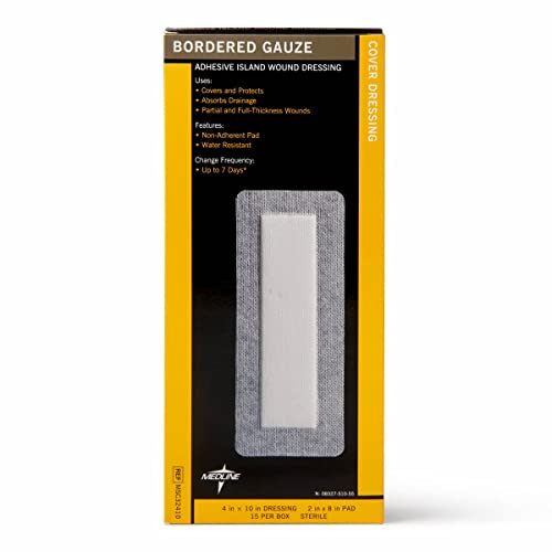 Medline Bordered Gauze Adhesive Island Wound Dressing, 4" x 10" with 2" x 8" Pad, 15 Per Box