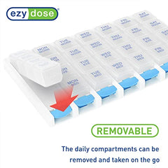 EZY DOSE Weekly (7 Day) 4 Times a Day Push Button Pill Organizer and Vitamin Planner, Removable Daily Pillboxes, Blue, Clear Lids, Large