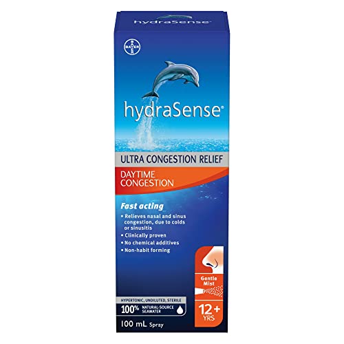 hydraSense Daytime Congestion Nasal Spray - Ultra Nasal Congestion Relief Saline Spray, Fast Acting, Relieves Nasal And Sinus Congestion from Colds or Sinusitis, Non-Medicated, Non-Habit forming, Saline Solution, 100% Natural Source Seawater, 100ml