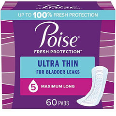 Poise Ultra Thin Incontinence Pads & Postpartum Incontinence Pads, 5 Drop Maximum Absorbency, Long Length, 60 Count