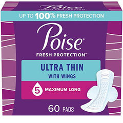 Poise Ultra Thin Incontinence Pads with Wings, Maximum Absorbency, Bladder Control Pads, 60 Count (3 Packs of 20)