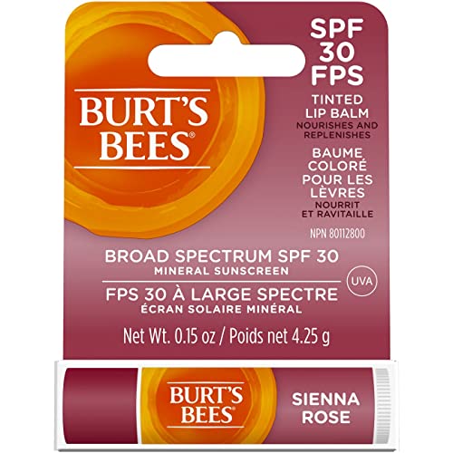 Burt’s Bees Tinted Lip Balm, SPF 30 100% Natural Origin Mineral Sunscreen, Sienna Rose, Mother's Day Gift, 1 Tube in Blister Box