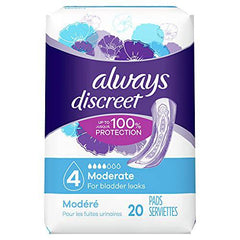 Always Discreet, Incontinence & Postpartum Pads For Women, Size 4 Drops, Moderate Long Absorbency, 20 Count