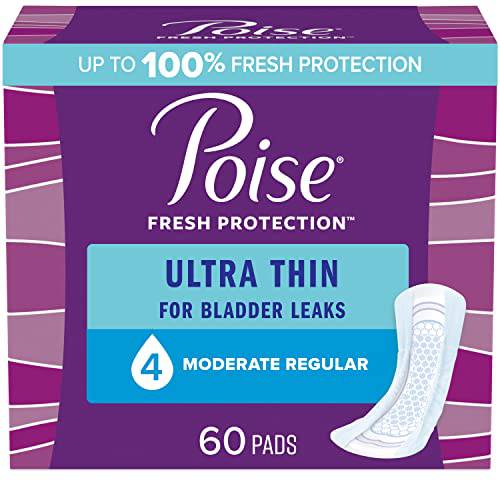 Poise Ultra Thin Incontinence Pads & Postpartum Incontinence Pads, 4 Drop Moderate Absorbency, Regular Length, 60 Count