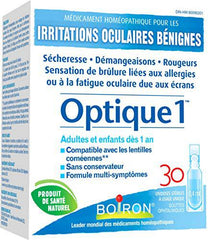 Boiron Optique 1, Eye drops used to relieve minor eye irritations such as dry, itchy or red burning eyes due to allergies or computer eye strain. 30 unit-doses