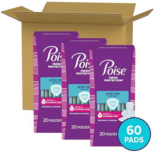 Poise Ultra Thin Incontinence Pads with Wings, Maximum Absorbency, Bladder Control Pads, 60 Count (3 Packs of 20)