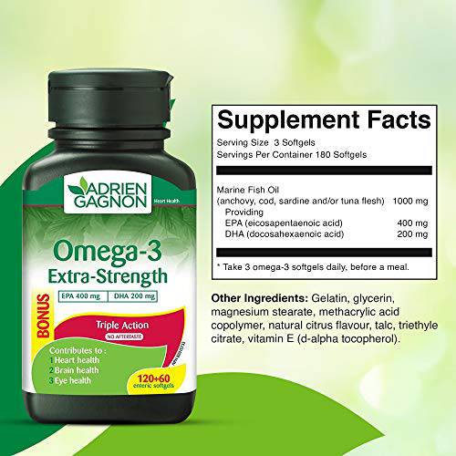 Adrien Gagnon - Omega 3 Extra-Strength (400 mg EPA + 200 mg DHA), 1000 mg, Cognitive, Cardiovascular and Joint Support. 180 (120+60 Bonus) Softgels