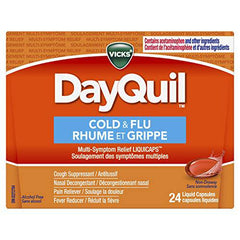 Vicks DayQuil Cold and Flu Medicine, Cough Suppressant, Nasal Decongestant, Pain Reliever, Fever Reducer, Non-Drowsy Formula, 24 Liquid Capsules