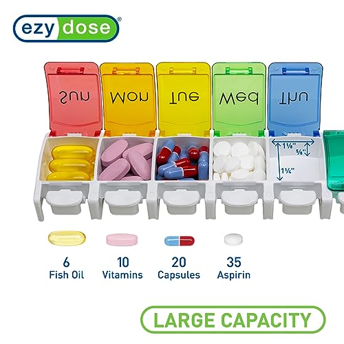 EZY DOSE Push Button (7-Day) Pill, Medicine, Vitamin Organizer Box Weekly, Daily Extra Large Compartments Rainbow Lids FDA Registered, Rainbow 1 Count (Pack of 1)