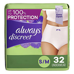 Always Discreet, Incontinence & Postpartum Underwear For Women, Maximum Protection, Small/Medium, 32 Count