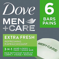 Dove Men+Care Extra Fresh Hand & Body, Face & Shave Bar Soap for refreshed skin with ¼ moisturizing cream 106 g pack of 6