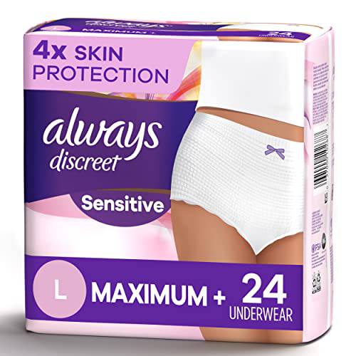 Always Discreet Sensitive, Incontinence & Postpartum Underwear For Women, Maximum Plus Protection, Large, 24 Count