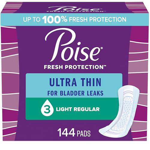 Poise Ultra Thin Incontinence Pads & Postpartum Incontinence Pads, 3 Drop Light Absorbency, Regular Length, 144 Count (3 Packs of 48)