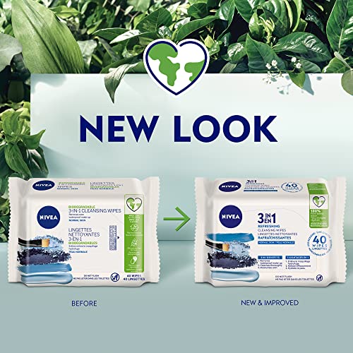 NIVEA 3-in-1 Biodegradable Face Cleansing & Make-up Removing Wipes for Normal Skin, 40 Wipes