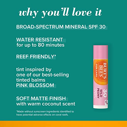 Burt’s Bees Tinted Lip Balm, SPF 30 100% Natural Origin Mineral Sunscreen, Wild Peony, Mother's Day Gift, 1 Tube in Blister Box