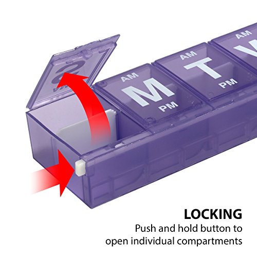 EZY DOSE Weekly (7-Day) Locking Pill Organizer and Planner, Separate AM/PM Compartments, Secure Prescription Medications, Prevent Accidental Spilling, Assorted Colors