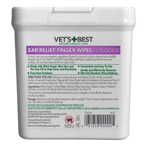 Vet's Best Ear Relief Finger Wipes | Ear Cleansing Finger Wipes for Dogs | Sooths & Deodorizes | 50 Disposable Wipes