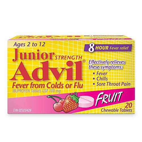 Junior Strength Advil (20 Count, Fruit Flavour) Fever from Colds or Flu, Ibuprofen Tablets