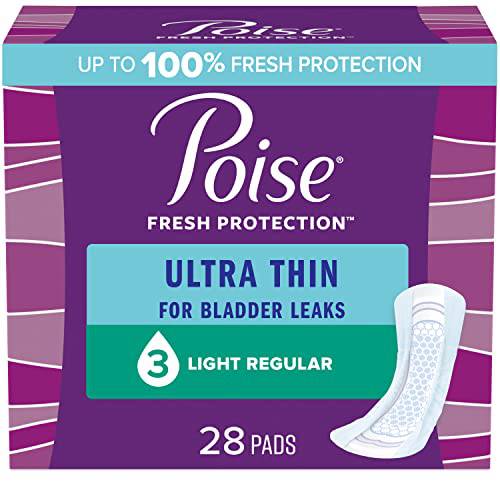 Poise Ultra Thin Incontinence Pads & Postpartum Incontinence Pads, 3 Drop Light Absorbency, Regular Length, 28 Count