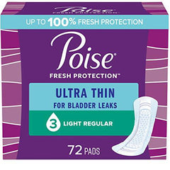 Poise Ultra Thin Incontinence Pads & Postpartum Incontinence Pads, 3 Drop Light Absorbency, Regular Length, 72 Count