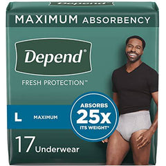 Depend Fresh Protection Adult Incontinence Underwear for Men (Formerly Depend Fit-Flex), Disposable, Maximum, Large, Grey, 17 Count