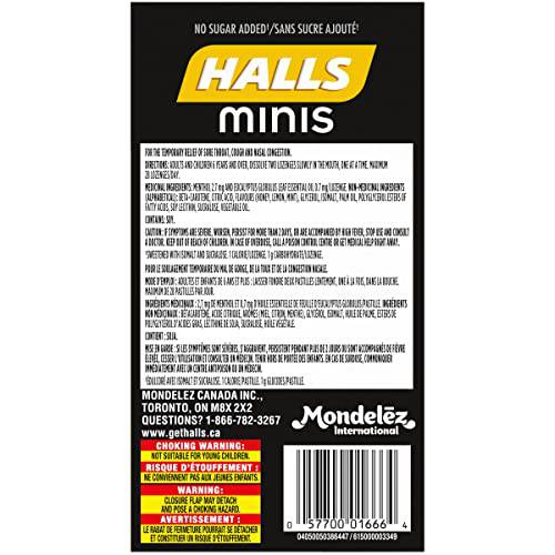 Halls Minis No Sugar Added Honey Lemon Cough Drops, 24 lozenges per pack, 8 packs per tray