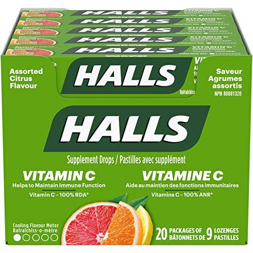 Halls Vitamin C Assorted Citrus Cough Drops 9 count, 20 Packs