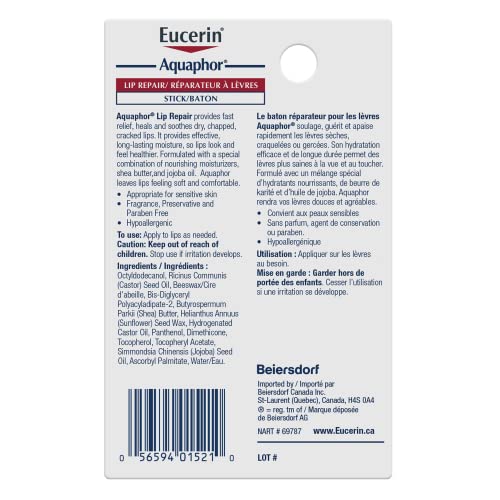 EUCERIN AQUAPHOR Lip Balm Repair Stick for Dry, Chapped and Cracked Lips, 4.8g | Aquaphor Lip Repair | Non-Comedogenic Lip Balm | Fragrance-free Balm | Recommended by Dermatologists