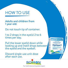 Boiron Optique 1, Eye drops used to relieve minor eye irritations such as dry, itchy or red burning eyes due to allergies or computer eye strain. 30 unit-doses