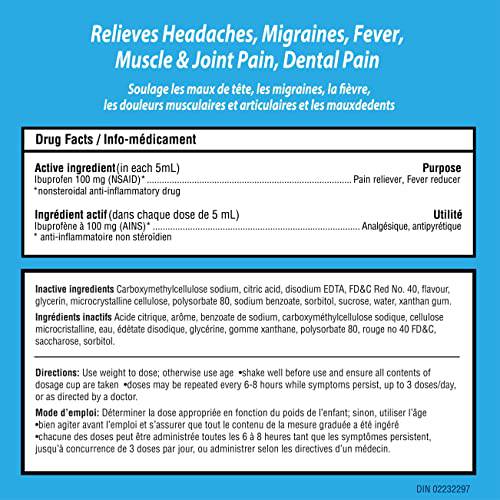 Children's Advil (100 mL, Berry Flavour) Ibuprofen Suspension Dye Free Temporary Fever Reducer