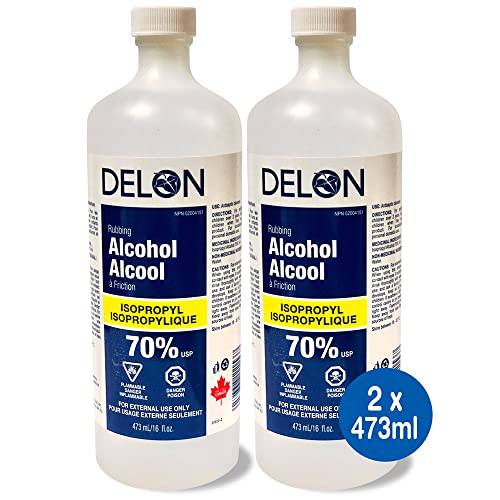 Delon Rubbing Alcohol 70% U.S.P. Sterilization Solution Made in Canada, 473 ml (Pack of 2) (A-1390), Tranparent