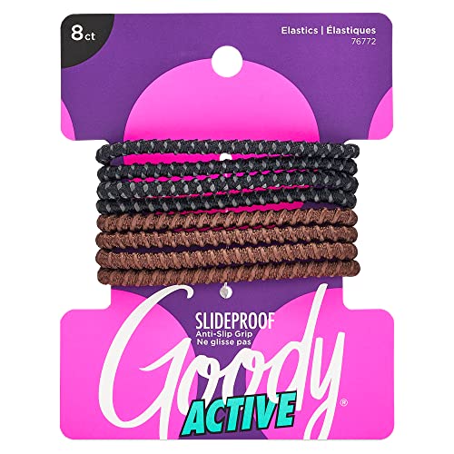 Goody SlideProof Hair Tie Elastics, 4mm, Black and Brown, 8-count