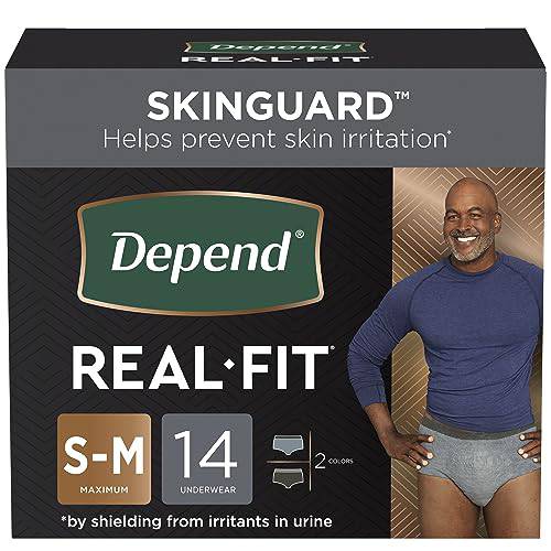 Depend Real Fit Adult Incontinence Underwear for Men, Maximum Absorbency, Small/Medium, Black & Grey, 14 Count