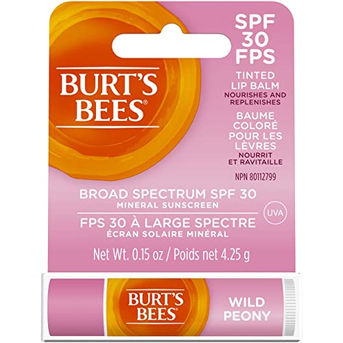 Burt’s Bees Tinted Lip Balm, SPF 30 100% Natural Origin Mineral Sunscreen, Wild Peony, Mother's Day Gift, 1 Tube in Blister Box