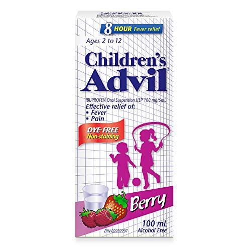 Children's Advil (100 mL, Berry Flavour) Ibuprofen Suspension Dye Free Temporary Fever Reducer