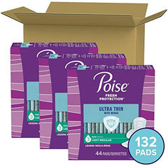 Poise Ultra Thin Postpartum Incontinence Pads with Wings, Light Absorbency, Regular Length, 132 Count, White