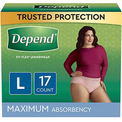 Depend FIT-FLEX Incontinence Underwear for Women, Maximum Absorbency, Large, Blush, 17 Count