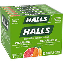 Halls Vitamin C Assorted Citrus Cough Drops 9 count, 20 Packs