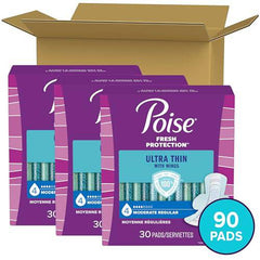 Poise Ultra Thin Incontinence Pads with Wings, Moderate Absorbency, Bladder Control Pads, 90 Count (3 Packs of 30)