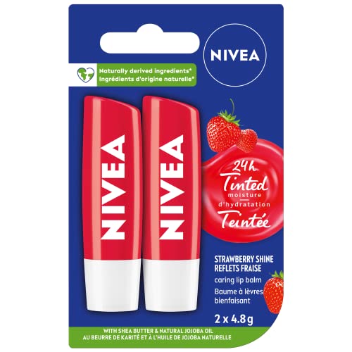 NIVEA Strawberry Shine Lip Balm (2x4.8g) | Shimmery Red Tinted Lip Care, 24H Hydration